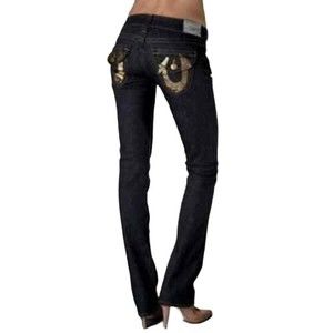 True Religion Billy Gold Foil Flap Pocket Straight Jeans  26X32